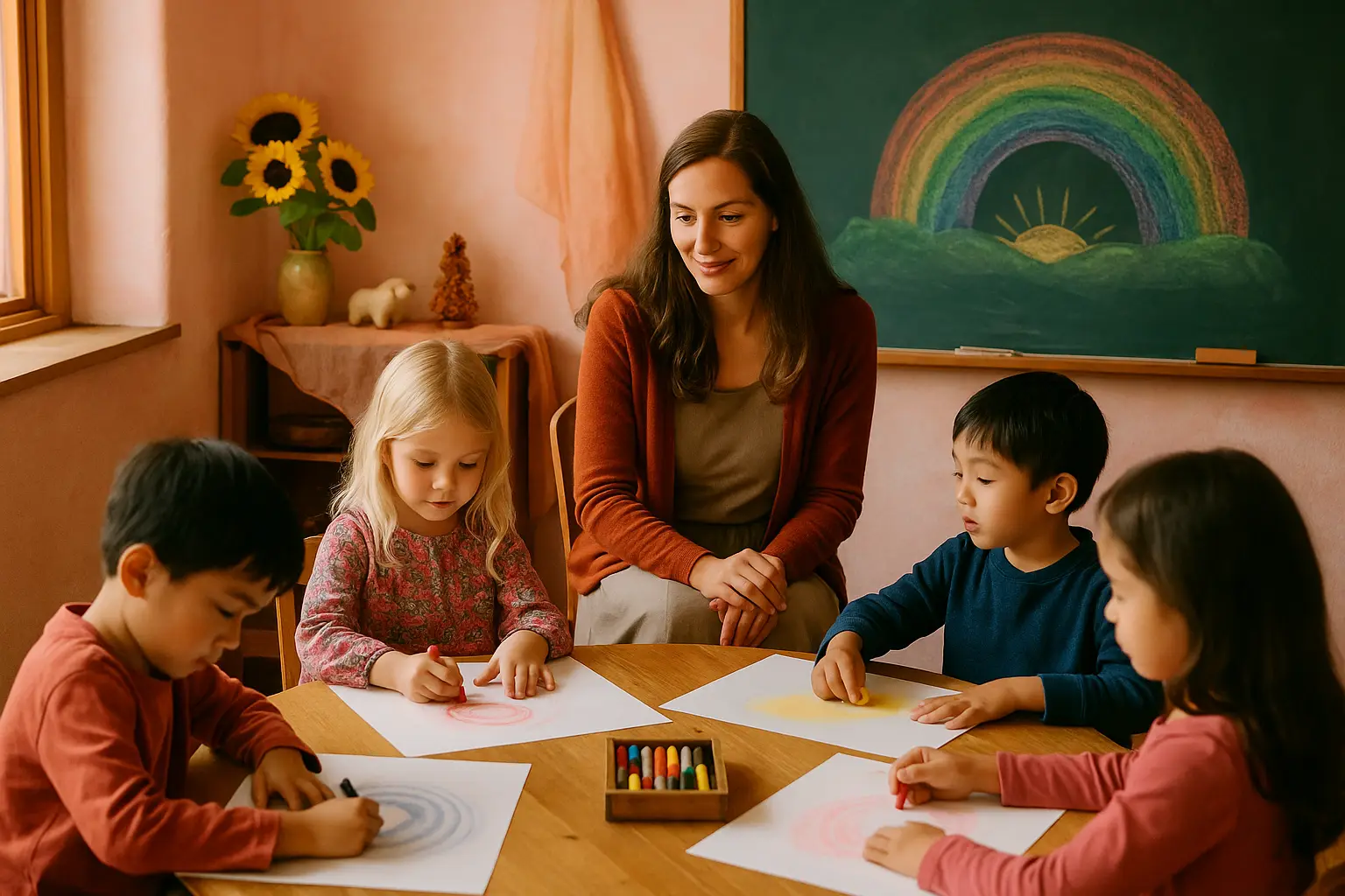 Image of a waldorf teacher teaching in a waldorf singapore school - AI gen