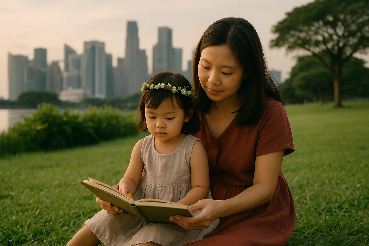 Singaporean parent and child sitting in a garden reading book